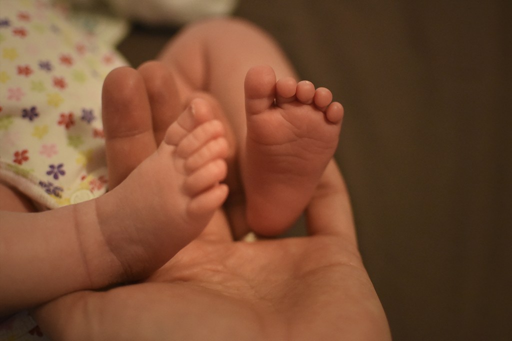 Vauvan pienet varpaat kämmenellä