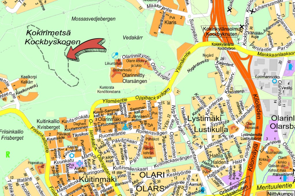 Olarin terveysluontopolun sijainti kartalla