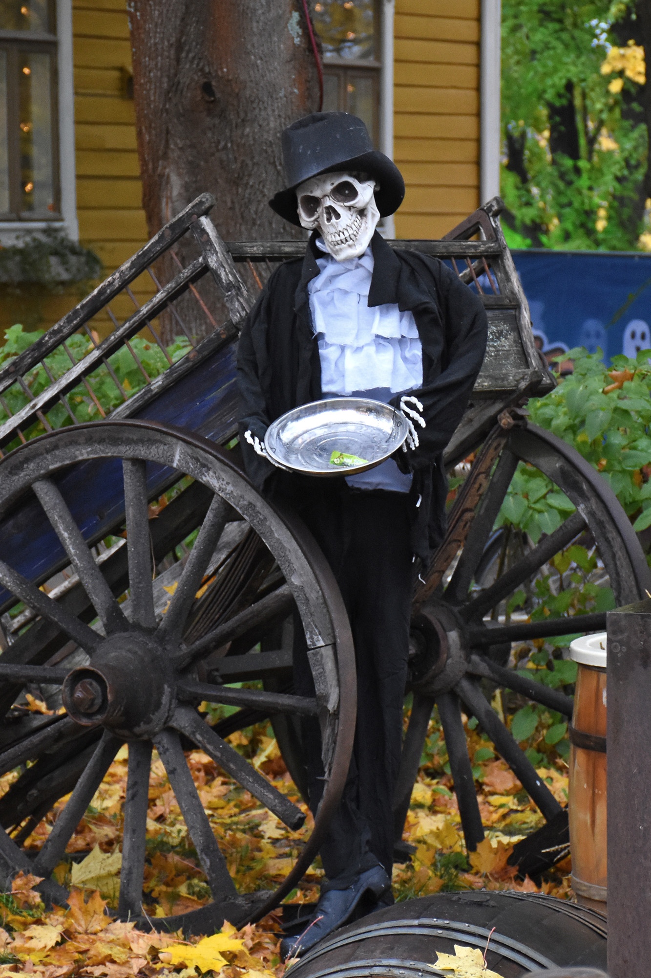 Seisova luuranko Halloweeks-tapahtuman sisäänkäynnin luona