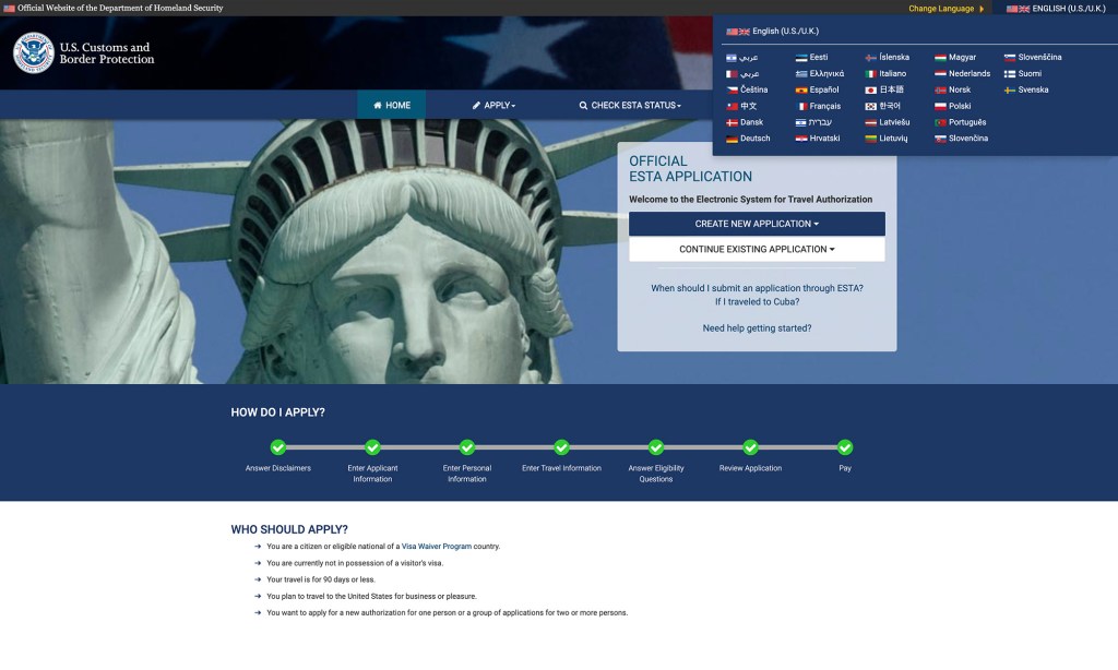 ESTA-hakemussivun kielivalikko